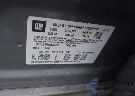 2021 Chevrolet Trax Fwd Lt z USA, uszkodzony, nr VIN KL7CJLSM1MB363555